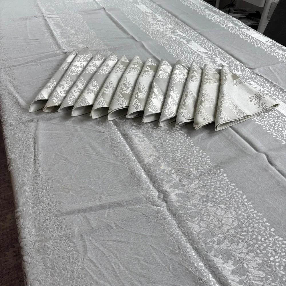 Silver Damask Tablecloth and 12 Matching Napkins Set Floral Jacquard Rectangular